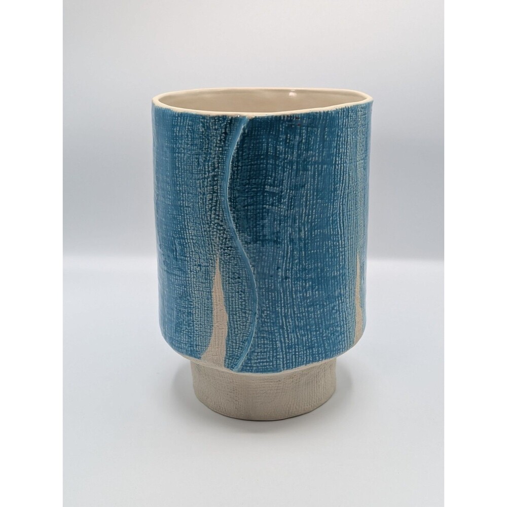 West Elm Elephantceramics Vase Ceramic Blue Teal Glazed Crosshatch Textured